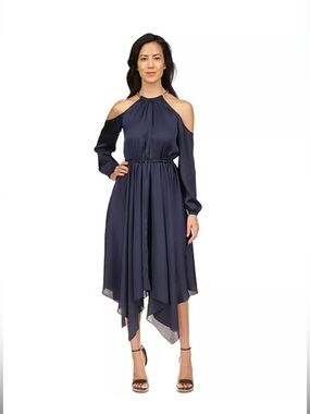 Michael Kors Navy Halter High-Low Midi Dress with Gold Hardware
